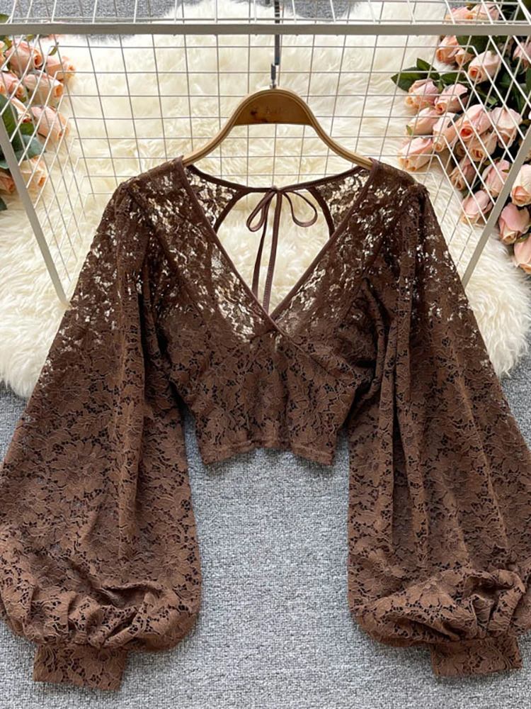 Autumn Black/White/Brown Sexy Lace Blouse Women Elegant V-Neck Puff Long Sleeve Open Back Short Tops Female Party Blusas 2021 - Image 9