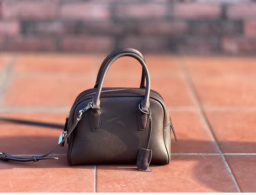 22cm Genuine Leather Bowling Bag Top Layer Cowhide Handbag Sheepskin Lining Woman Shoulder Crossbody Fashion Trend Small Bag - Image 8