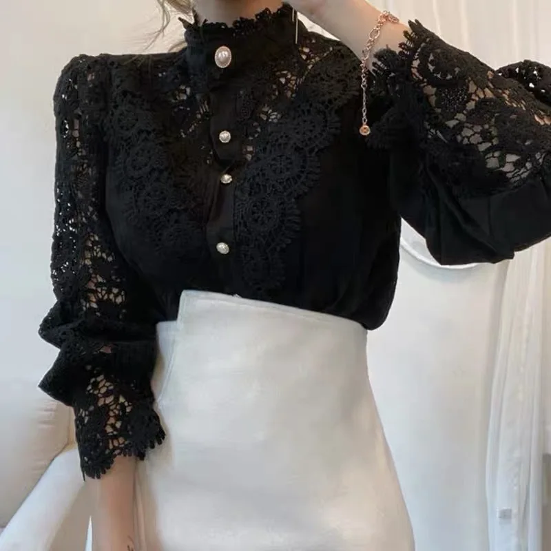 Elegant Lace Tops Embroidery Hollow Out Solid Stand Collar Female Tunic Plus Size Petal Sleeve Spring Womens Tops And Blouses - Image 10