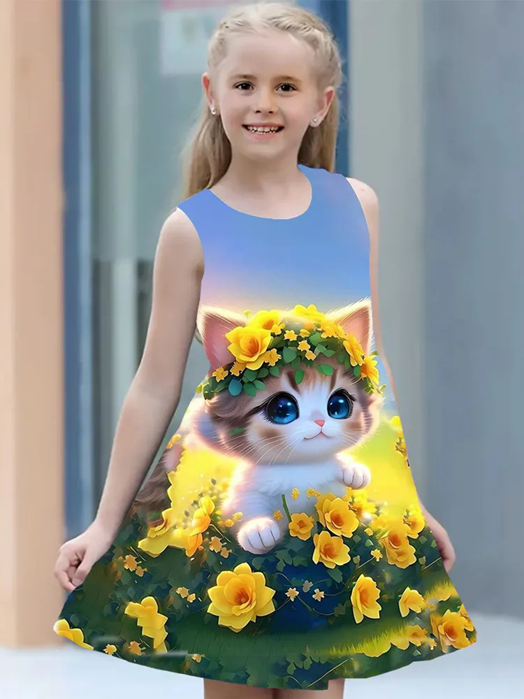 Summer Dress For Girls 2024 Kids Clothes Casual Sleeveless O-neck Cat 3D Print Children Princess Dress Girl 2 To 8 Years Old - Image 5
