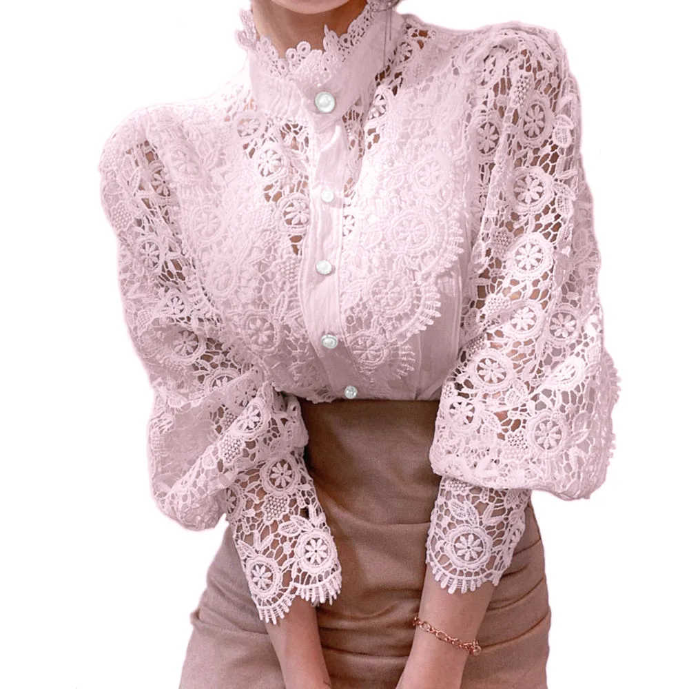 Elegant Lace Tops Embroidery Hollow Out Solid Stand Collar Female Tunic Plus Size Petal Sleeve Spring Womens Tops And Blouses - Image 13