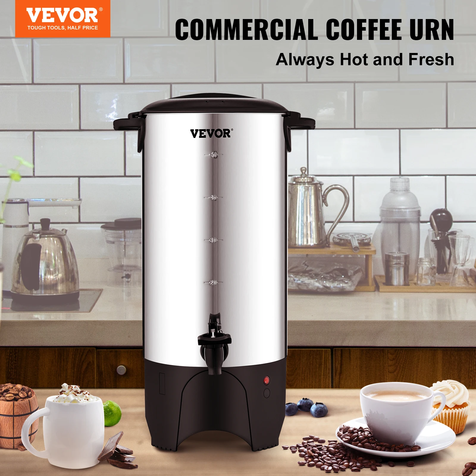 VEVOR Commercial Coffee Urn 50 Cups Stainless Steel Large Coffee Dispenser with Detachable Power Cord for Easy Cleaning - Image 2