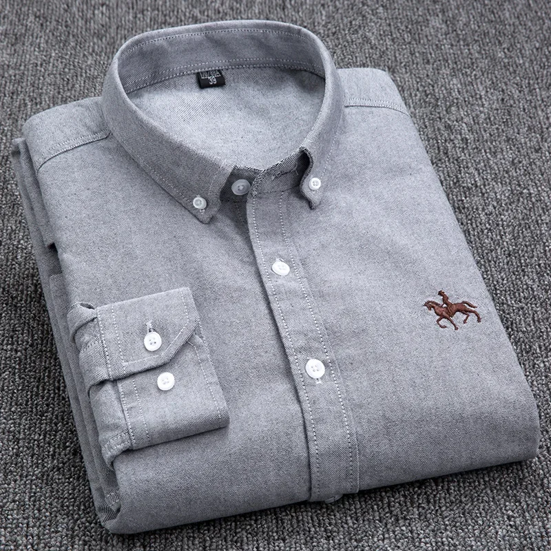 2024 Men's Long Sleeve Dress Shirt Men Pure Cotton Oxford Embroidered Horse Casual Without Pocket Solid Shirt Plus Size - Image 19