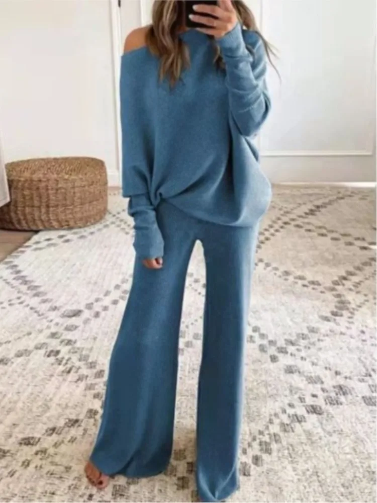 Fashion Long-sleeved Bateau Collar Top + Wide-leg Pants 2-piece Set Women Elegant Autumn Solid Color Knitted Loose Suit Female - Image 3