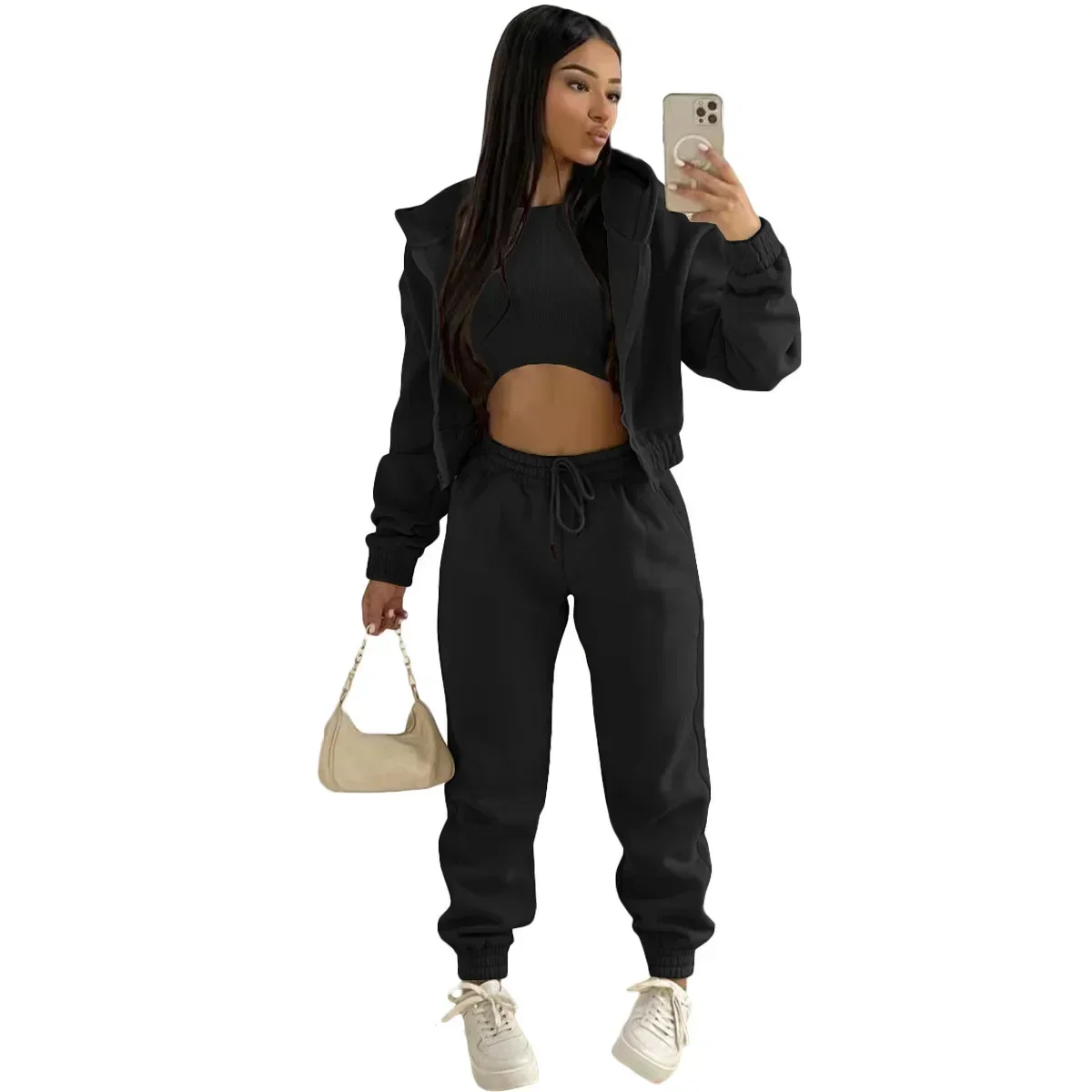 3pcs Women's Clothing Set Fleece-lined Hooded Sweater &Sleeveless Tank Top & Sports Sweatpants Pants - Image 8