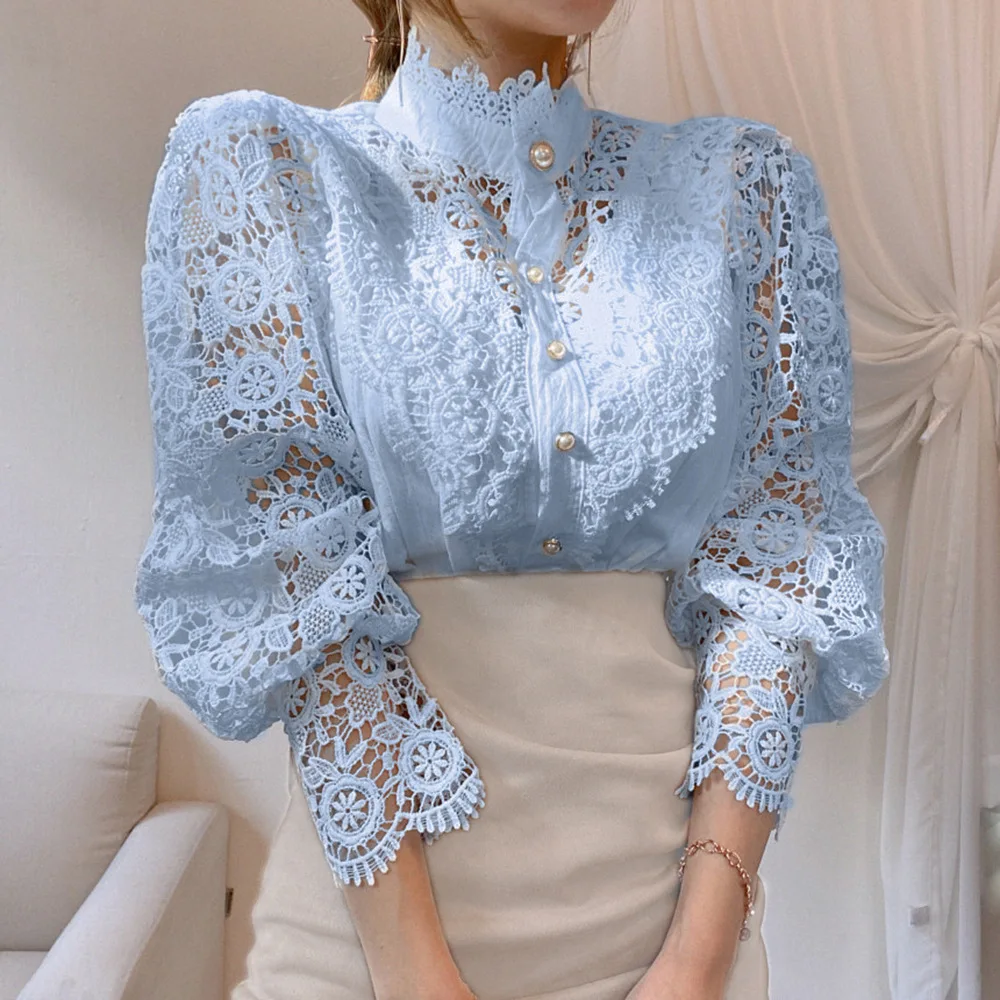 Elegant Lace Tops Embroidery Hollow Out Solid Stand Collar Female Tunic Plus Size Petal Sleeve Spring Womens Tops And Blouses - Image 12