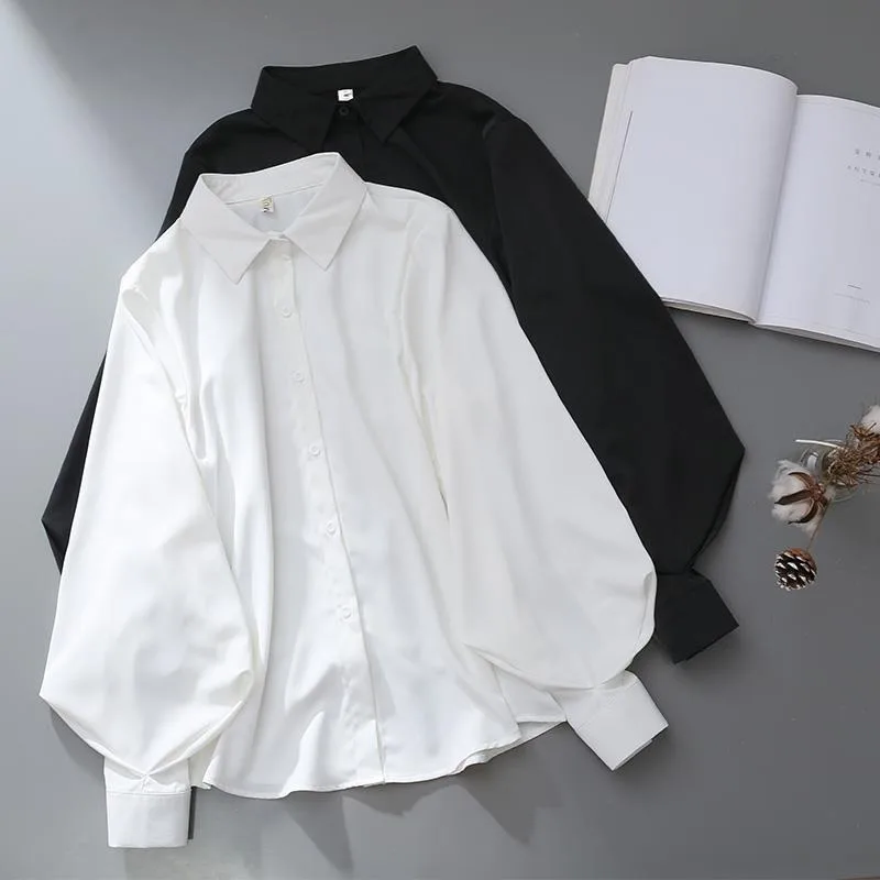 Blouses Tops Women White Black Long Lantern Sleeve Office Lady Temperament Autumn Winter Basic All-match Design Chic Female New - Image 3