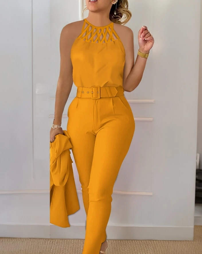 Two Piece Set Women Outfit 2024 Summer Fashion Hollow Out Round Neck Sleeveless Tank Top & Casual Pocket Daily Pants Set - Image 3