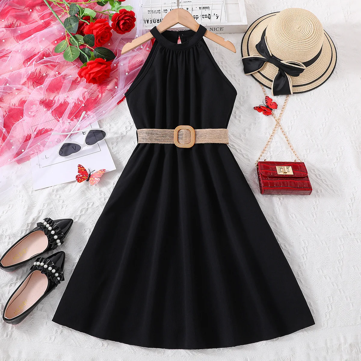 Girls Dress Hanging Neck Waist Dresses Teens Casual Fashion Dress for 8 9 10 11 12 Years Old Children Clothes