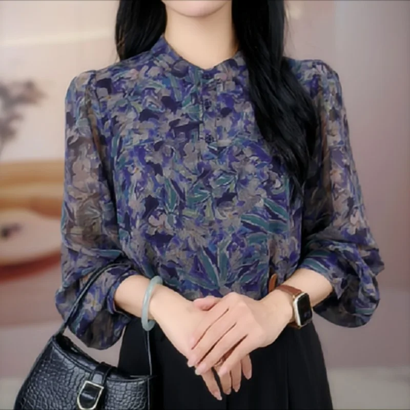 New Spring Autumn Women Korean Fashion Print Chiffon Shirt Office Lady Elegant Stand Collar Blouse Casual Long Sleeve Loose Tops
