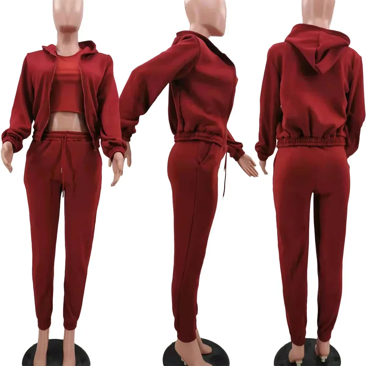 3pcs Women's Clothing Set Fleece-lined Hooded Sweater &Sleeveless Tank Top & Sports Sweatpants Pants - Image 6