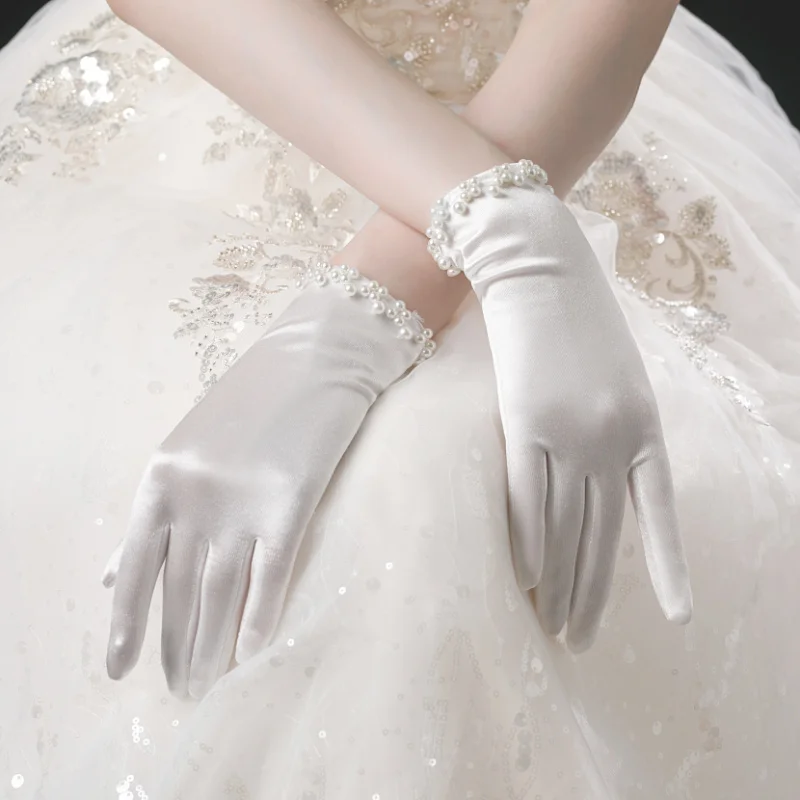 Elegant Women Wedding Bridal Short Gloves Full Finger Pearls Wrist Length Costume Prom Party Gloves white gloves gelin - Image 5