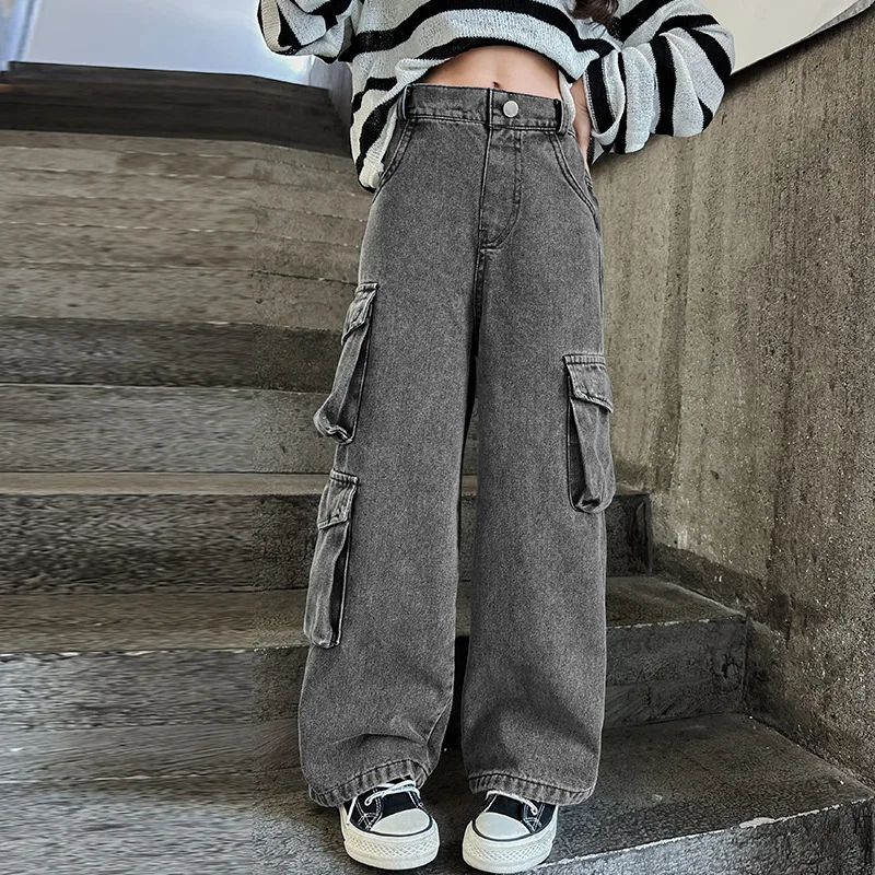 New 2024 Teenage Girls Blue Street Cartoon Print Elastic Mid Waist Loose Denim Jeans Spring Fashion Children Cute Wide Leg Pants - Image 8