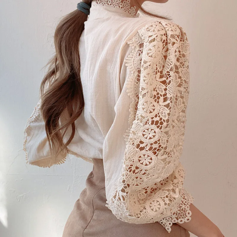 Elegant Lace Tops Embroidery Hollow Out Solid Stand Collar Female Tunic Plus Size Petal Sleeve Spring Womens Tops And Blouses - Image 6