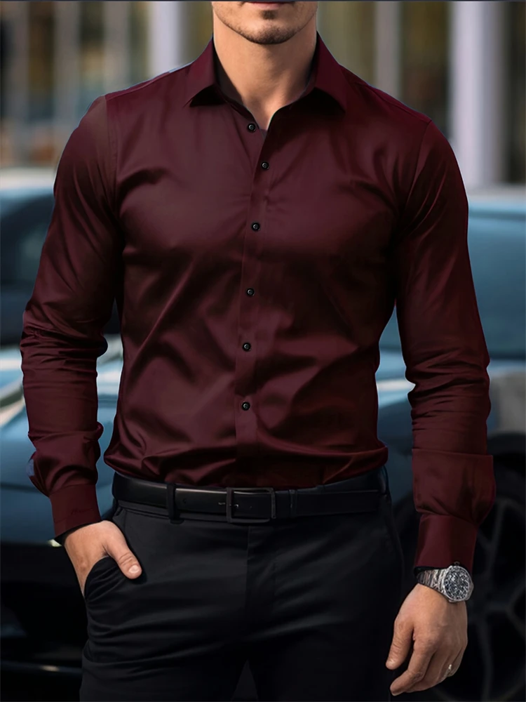 2025 Men's Shirt Business Button Down Shirt Summer Solid Color Long Sleeve Lapel Vacation Shirt Fashion Temperament Casual Tops - Image 18