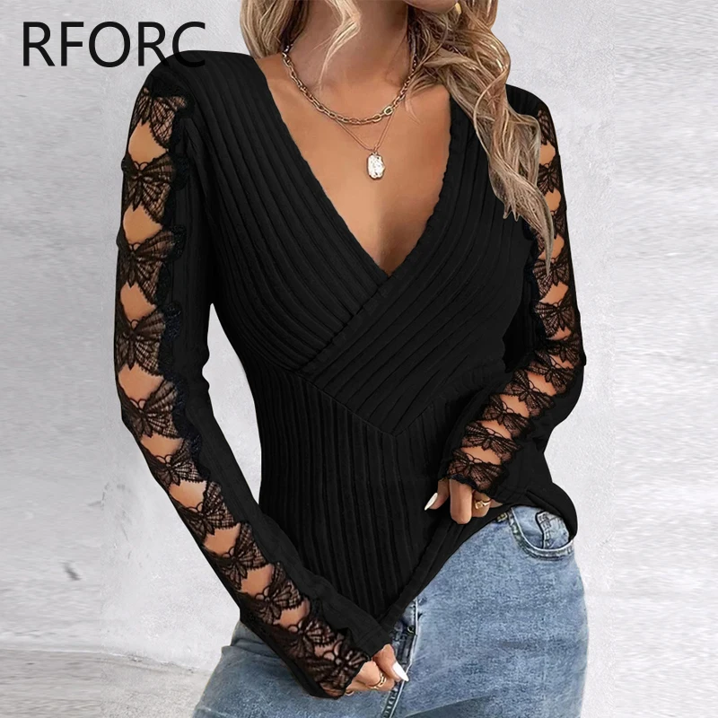2024 Women Deep V Neck Wrap Lace Bow Hollow Out Knitting Basic Black Blouse Top