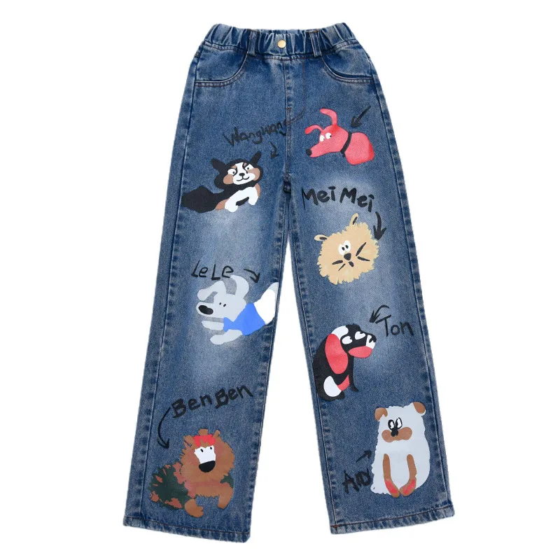 New 2024 Teenage Girls Blue Street Cartoon Print Elastic Mid Waist Loose Denim Jeans Spring Fashion Children Cute Wide Leg Pants - Image 6