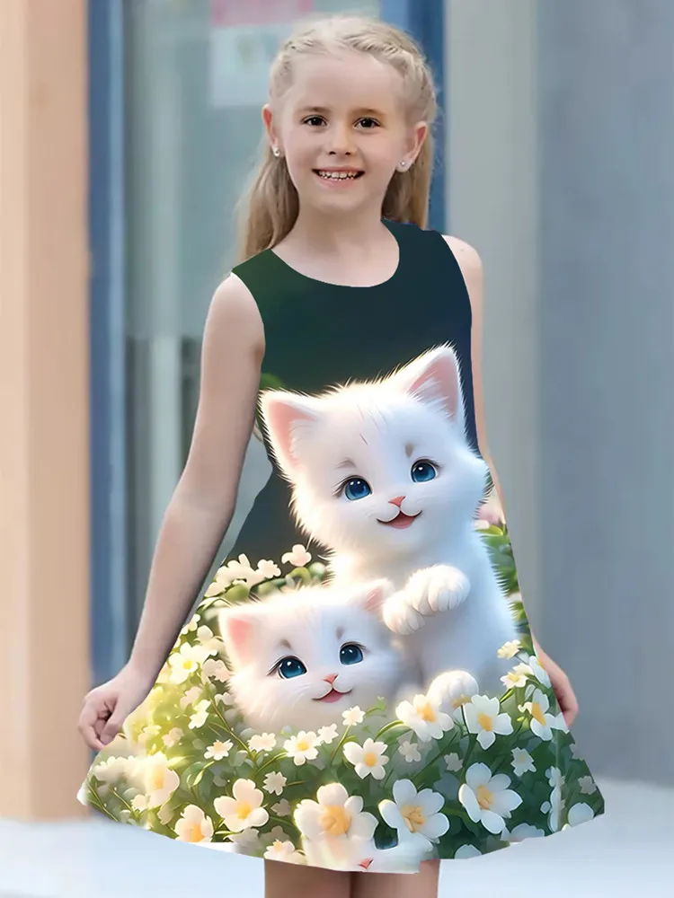 Summer Dress For Girls 2024 Kids Clothes Casual Sleeveless O-neck Cat 3D Print Children Princess Dress Girl 2 To 8 Years Old - Image 6