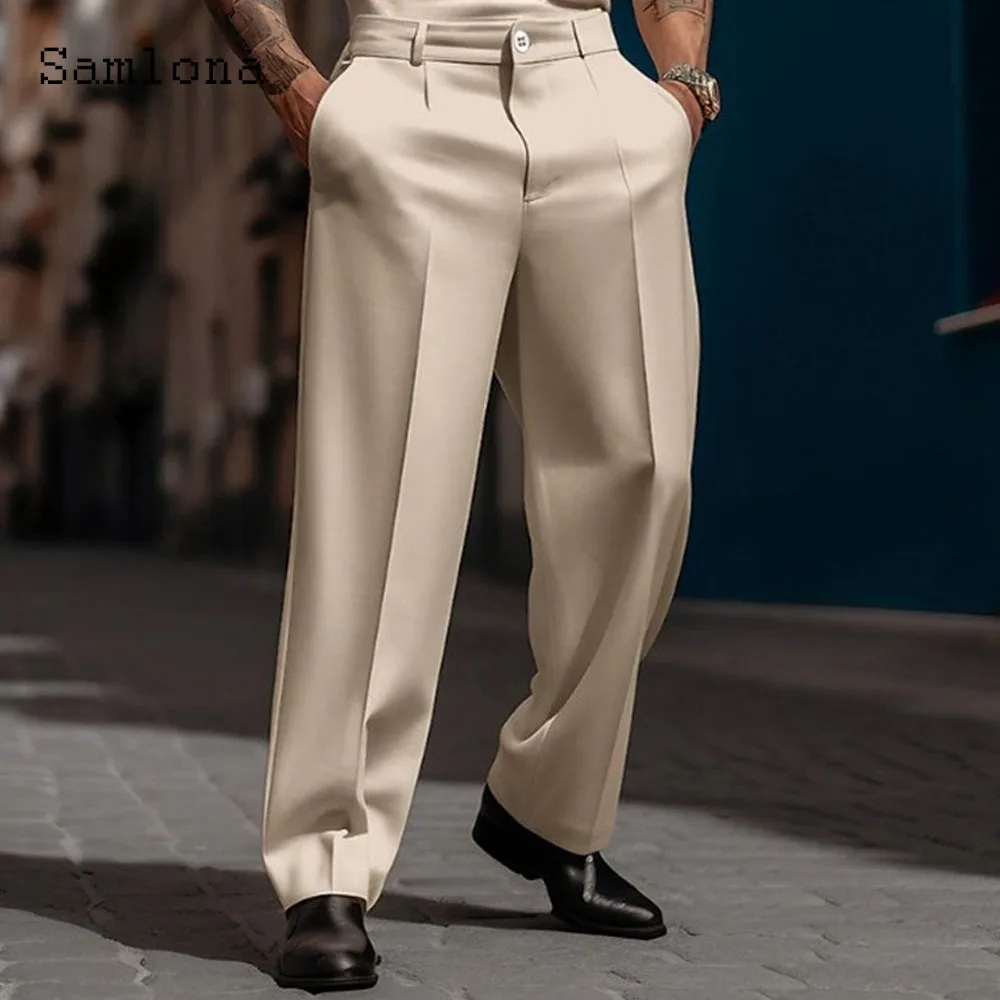 2023 Men's Stand Pocket Elegant Wide Leg Pants Solid White Party Wedding Trousers Plus Size Mens Fashion Buttons Up Suit Pants - Image 5