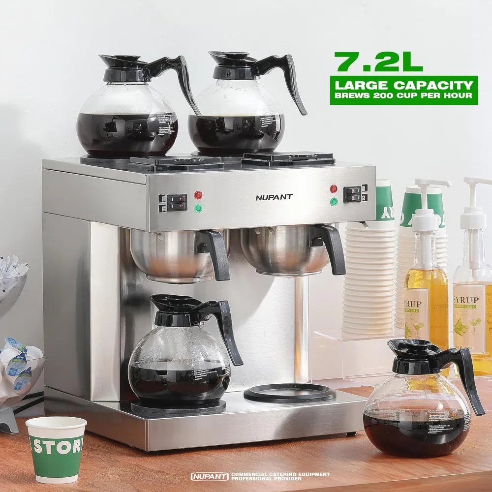 Dual Drip Commercial Coffee Maker, 200 Cup/hour, 7.2L Pour Over Coffee Machine with 4 Glass Carafe - Image 2