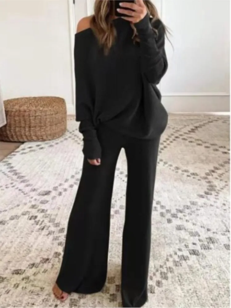 Fashion Long-sleeved Bateau Collar Top + Wide-leg Pants 2-piece Set Women Elegant Autumn Solid Color Knitted Loose Suit Female - Image 4