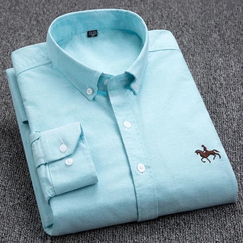 2024 Men's Long Sleeve Dress Shirt Men Pure Cotton Oxford Embroidered Horse Casual Without Pocket Solid Shirt Plus Size - Image 18