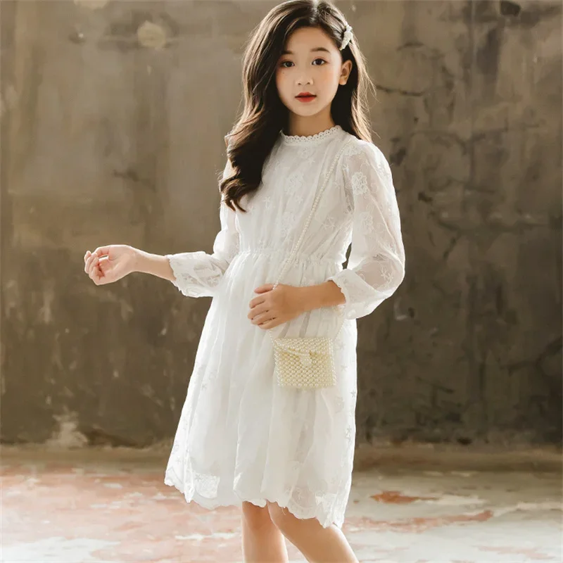 Kids Dresses Teenage White Wedding Party Lace Girl Dress Long Sleeve Children Carnival Spring Autumn 4 6 8 9 10 12 Years Clothes - Image 3