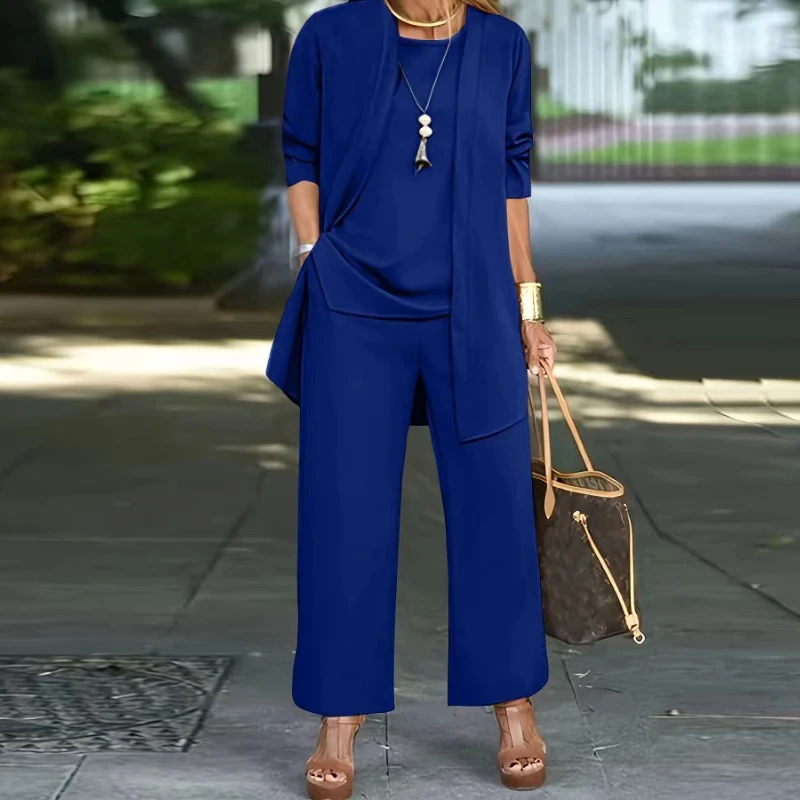 Casual O Neck Vest Cardigan Three Piece Set Elegant Solid Color Loose Pants Outfit Autumn Winter Fashion Women Long Sleeved Suit - Image 3