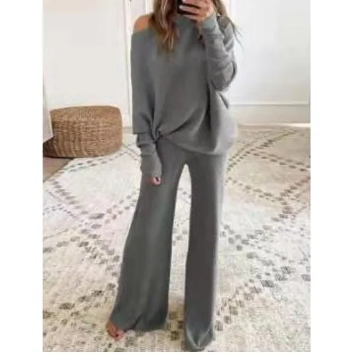 Fashion Long-sleeved Bateau Collar Top + Wide-leg Pants 2-piece Set Women Elegant Autumn Solid Color Knitted Loose Suit Female - Image 8