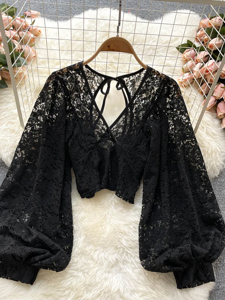Autumn Black/White/Brown Sexy Lace Blouse Women Elegant V-Neck Puff Long Sleeve Open Back Short Tops Female Party Blusas 2021 - Image 3