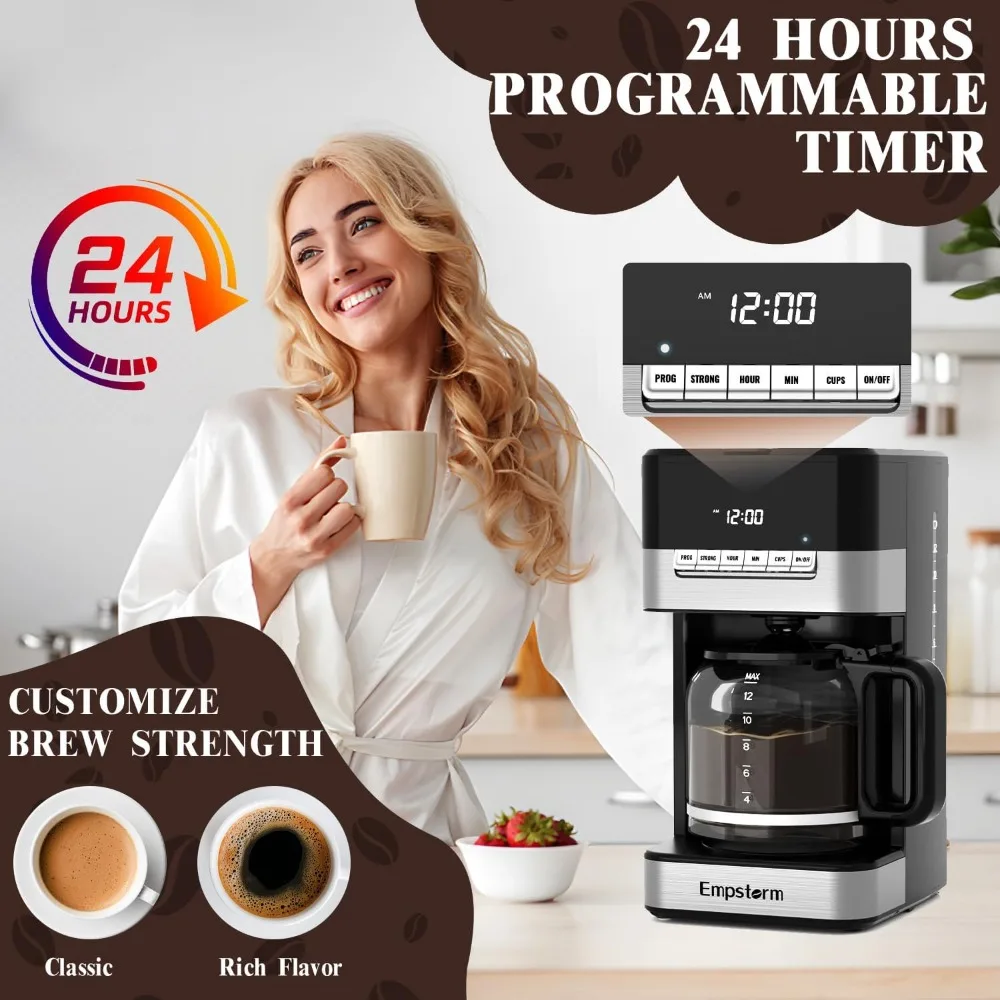 Programmable Drip Coffee Maker 4-12 Cup with Glass Carafe, 4-Hour Auto Shut Off & Keep Warm, Anti-Drip System, Strong Brew - Image 2