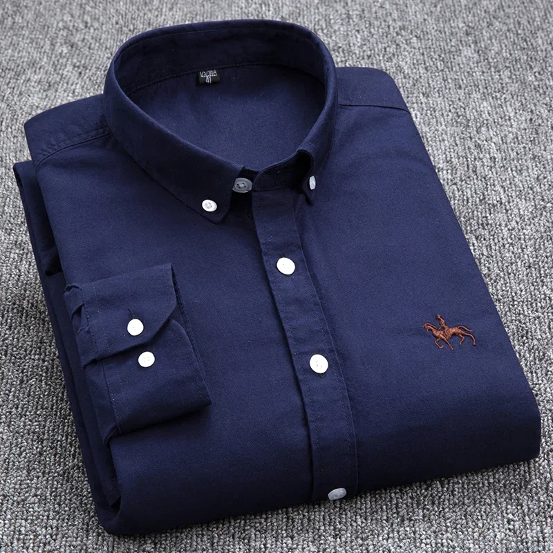 2024 Men's Long Sleeve Dress Shirt Men Pure Cotton Oxford Embroidered Horse Casual Without Pocket Solid Shirt Plus Size - Image 7