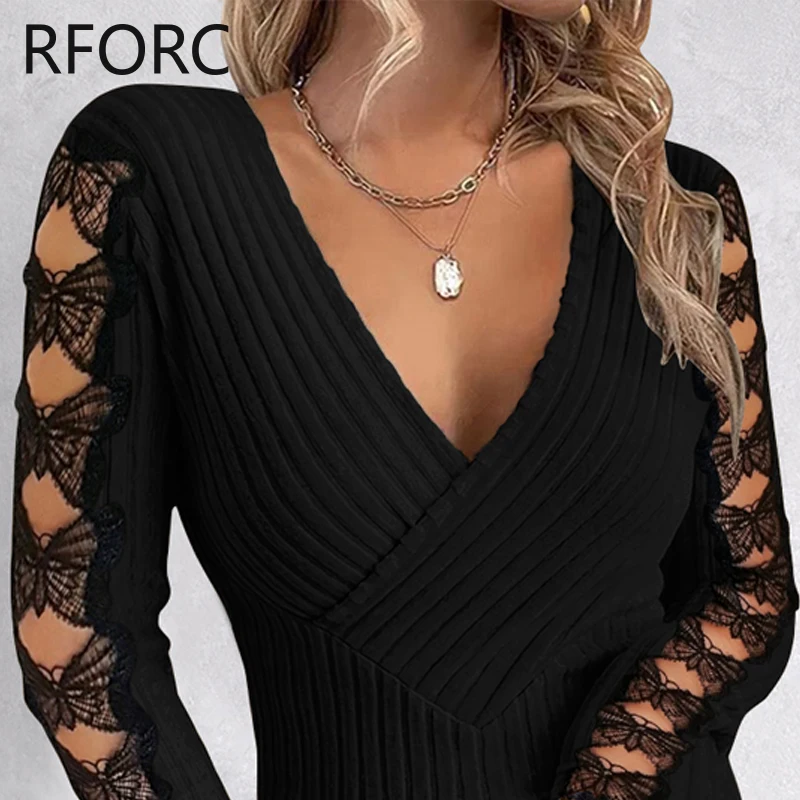 2024 Women Deep V Neck Wrap Lace Bow Hollow Out Knitting Basic Black Blouse Top - Image 3