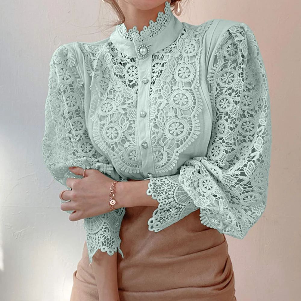Elegant Lace Tops Embroidery Hollow Out Solid Stand Collar Female Tunic Plus Size Petal Sleeve Spring Womens Tops And Blouses - Image 3