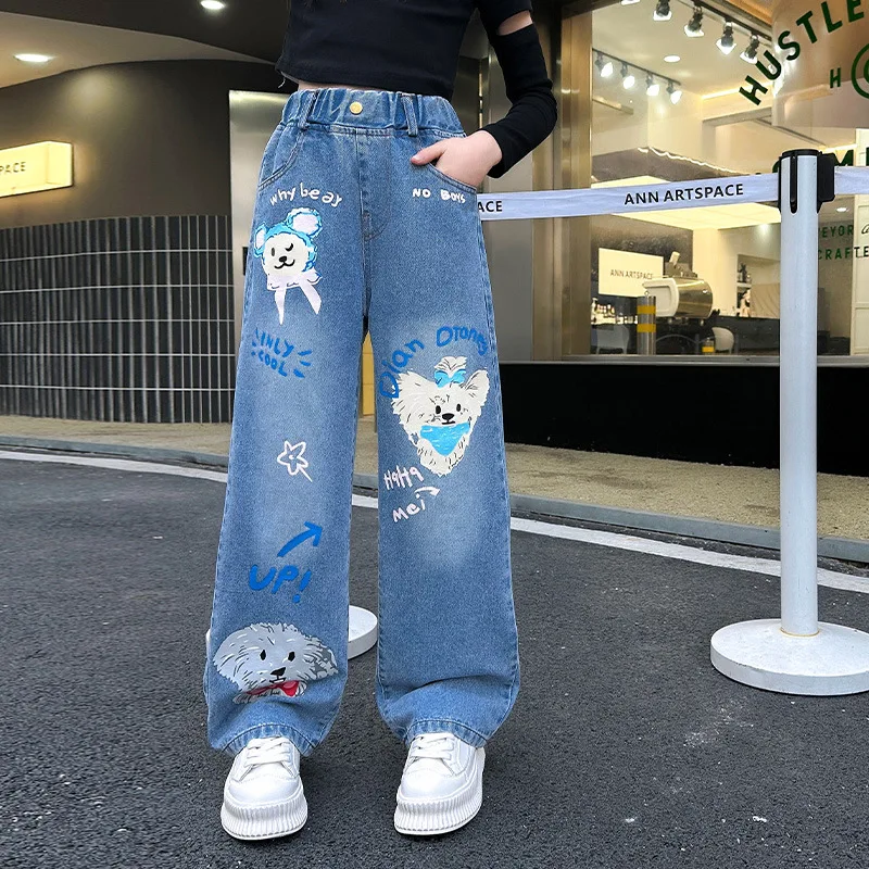 New 2024 Teenage Girls Blue Street Cartoon Print Elastic Mid Waist Loose Denim Jeans Spring Fashion Children Cute Wide Leg Pants - Image 7