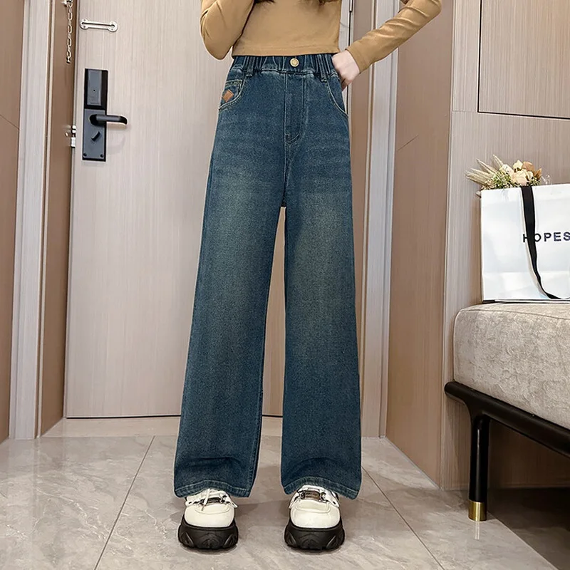 New 2024 Teenage Girls Blue Street Cartoon Print Elastic Mid Waist Loose Denim Jeans Spring Fashion Children Cute Wide Leg Pants - Image 18