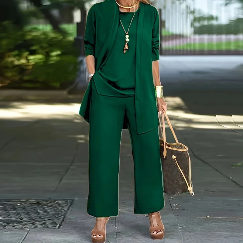 Casual O Neck Vest Cardigan Three Piece Set Elegant Solid Color Loose Pants Outfit Autumn Winter Fashion Women Long Sleeved Suit - Image 6