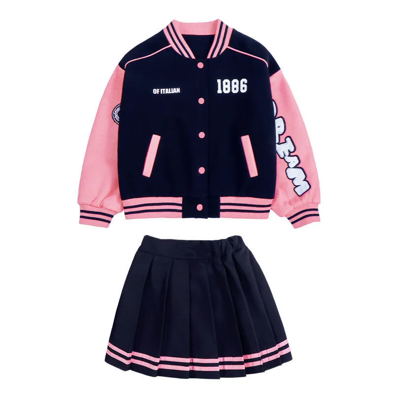 2025 winter spring Girls Teenager Patchwork zipper striped Coats Jacket + baseball clothes sexy short skirt 5 6 7 8 9 10 11 year - Image 5