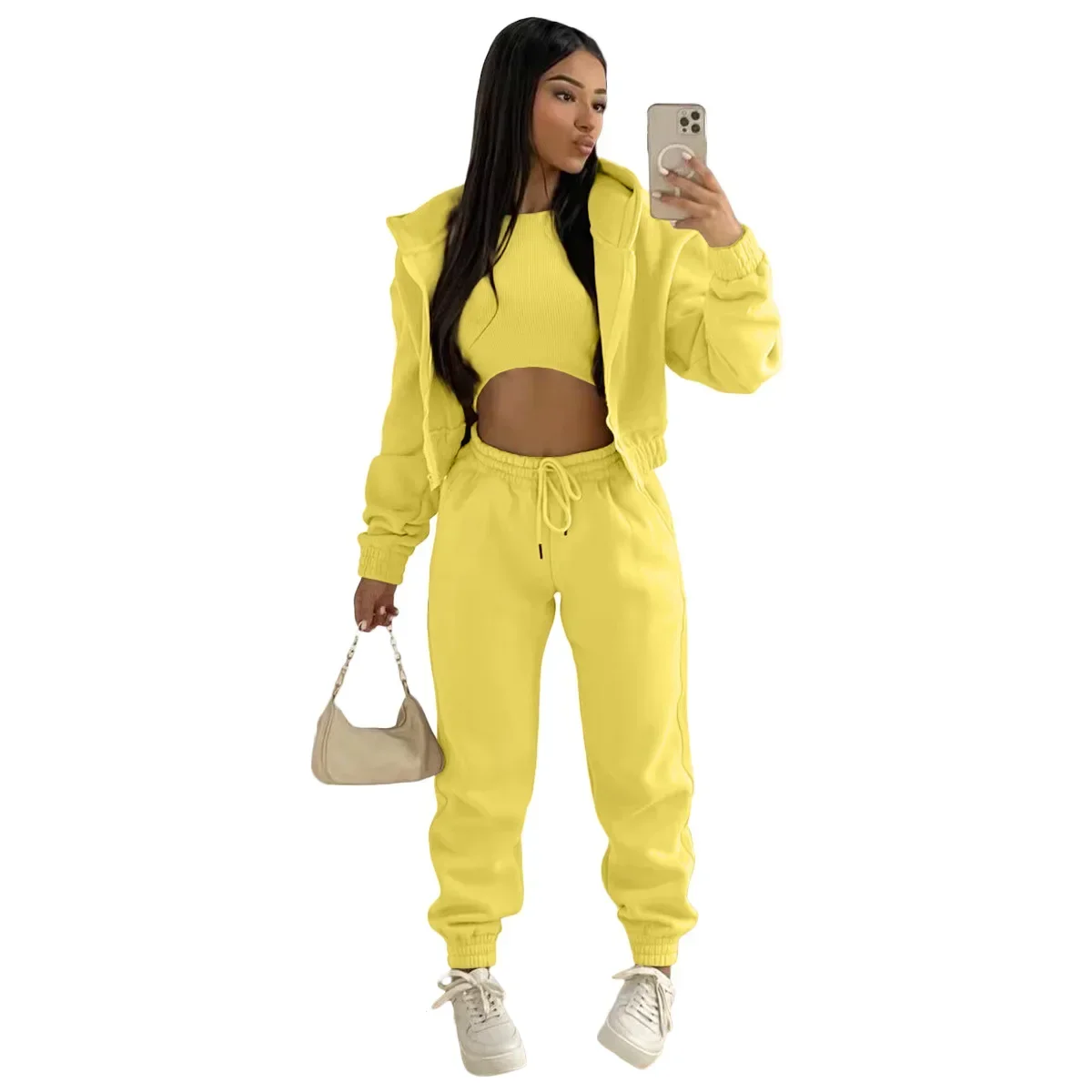 3pcs Women's Clothing Set Fleece-lined Hooded Sweater &Sleeveless Tank Top & Sports Sweatpants Pants - Image 10