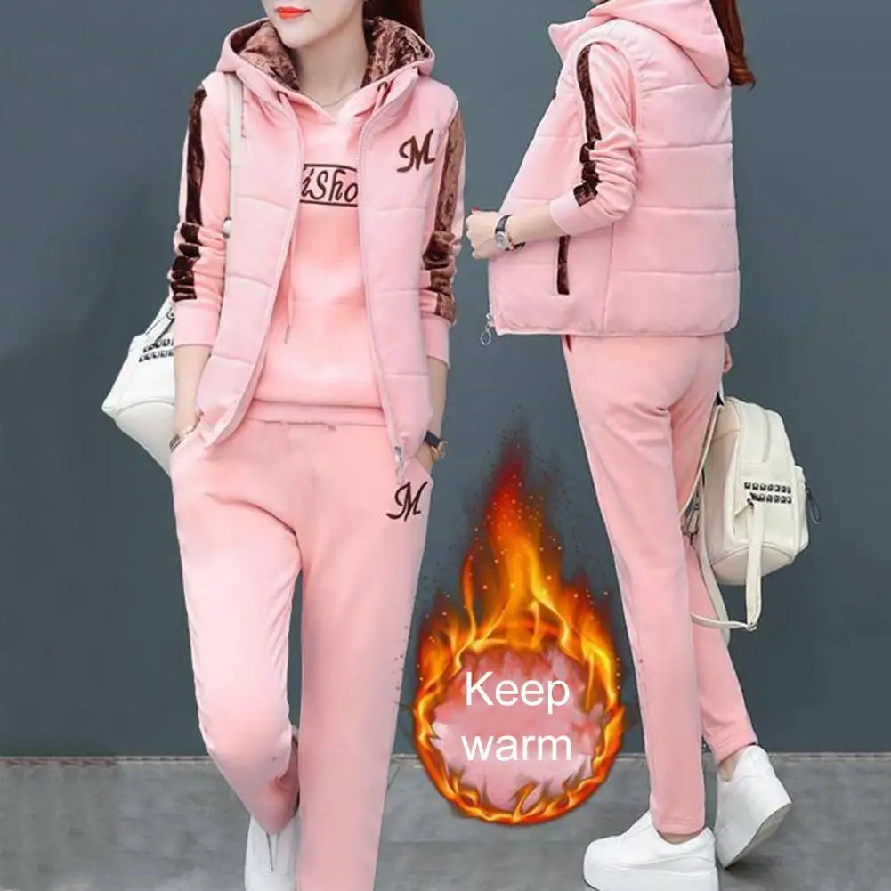 Fashion Warm Three Piece Set Women Outfit 2022 Fall Winter Thicken Tracksuit Casual Waistcoat + Hoodies + Pant Female Sweat Suit - Image 4