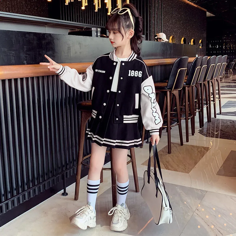 2025 winter spring Girls Teenager Patchwork zipper striped Coats Jacket + baseball clothes sexy short skirt 5 6 7 8 9 10 11 year - Image 4