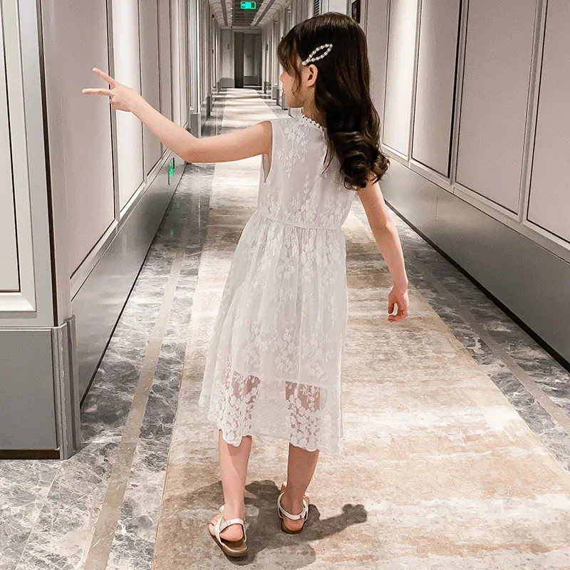 2023 summer Teenager kids Girls clothes floral mesh Princess white Dress lace off shoulder sleeveless 5 6 7 8 9 10 11 12 Years - Image 4