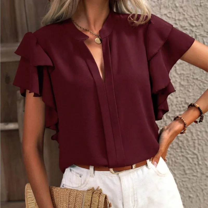 Dark Green Elegant Pullover Blouse 2024 Women's Summer New V-neck Casual Double Layered Ruffle Sleeves Solid Color Shirt Top - Image 5