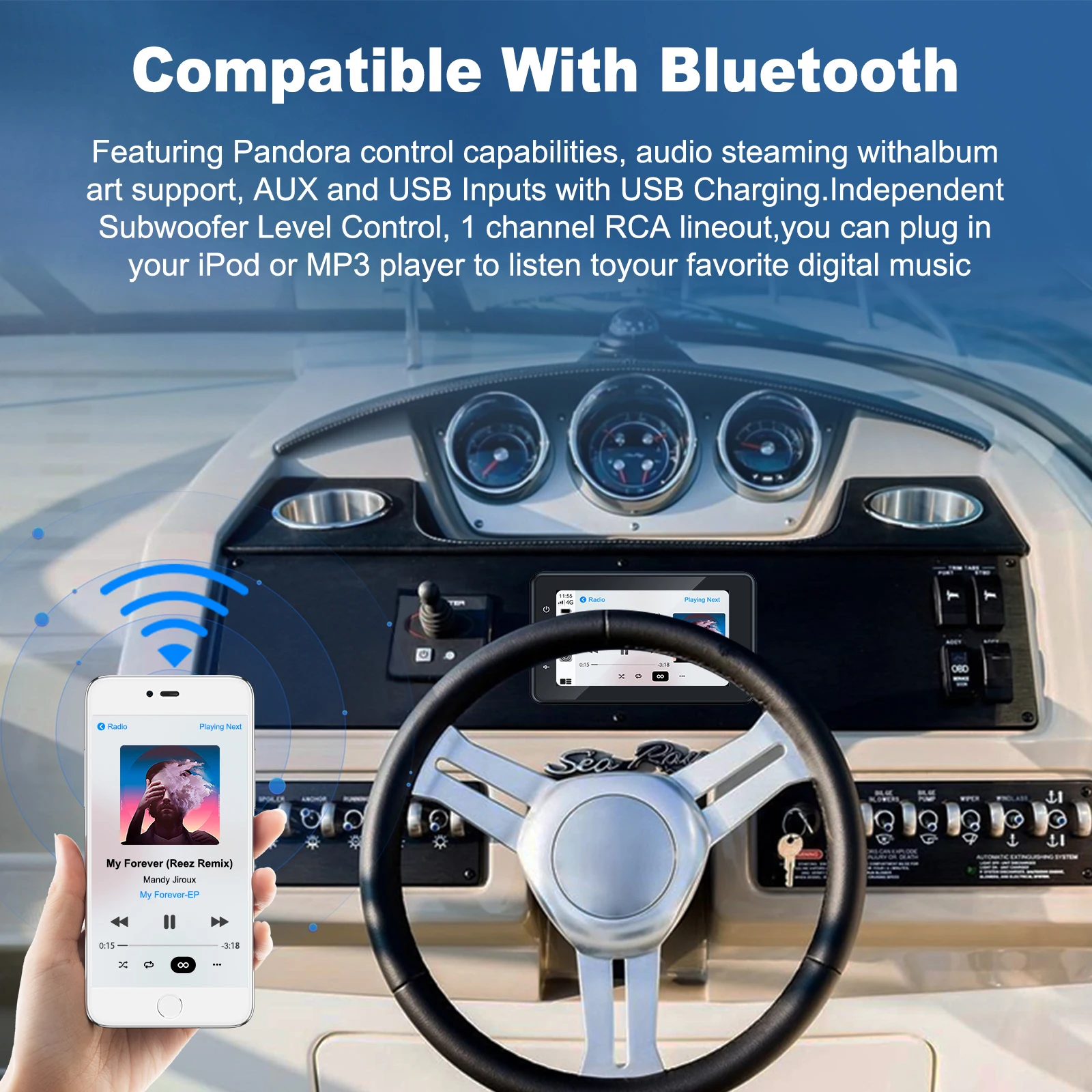 8 Inch Boat Multimedia Player IPX6 Waterproof Bluetooth Marine Stereo for ATV Boat Golf Cart Wireless CarPlay and Android Auto - Image 4